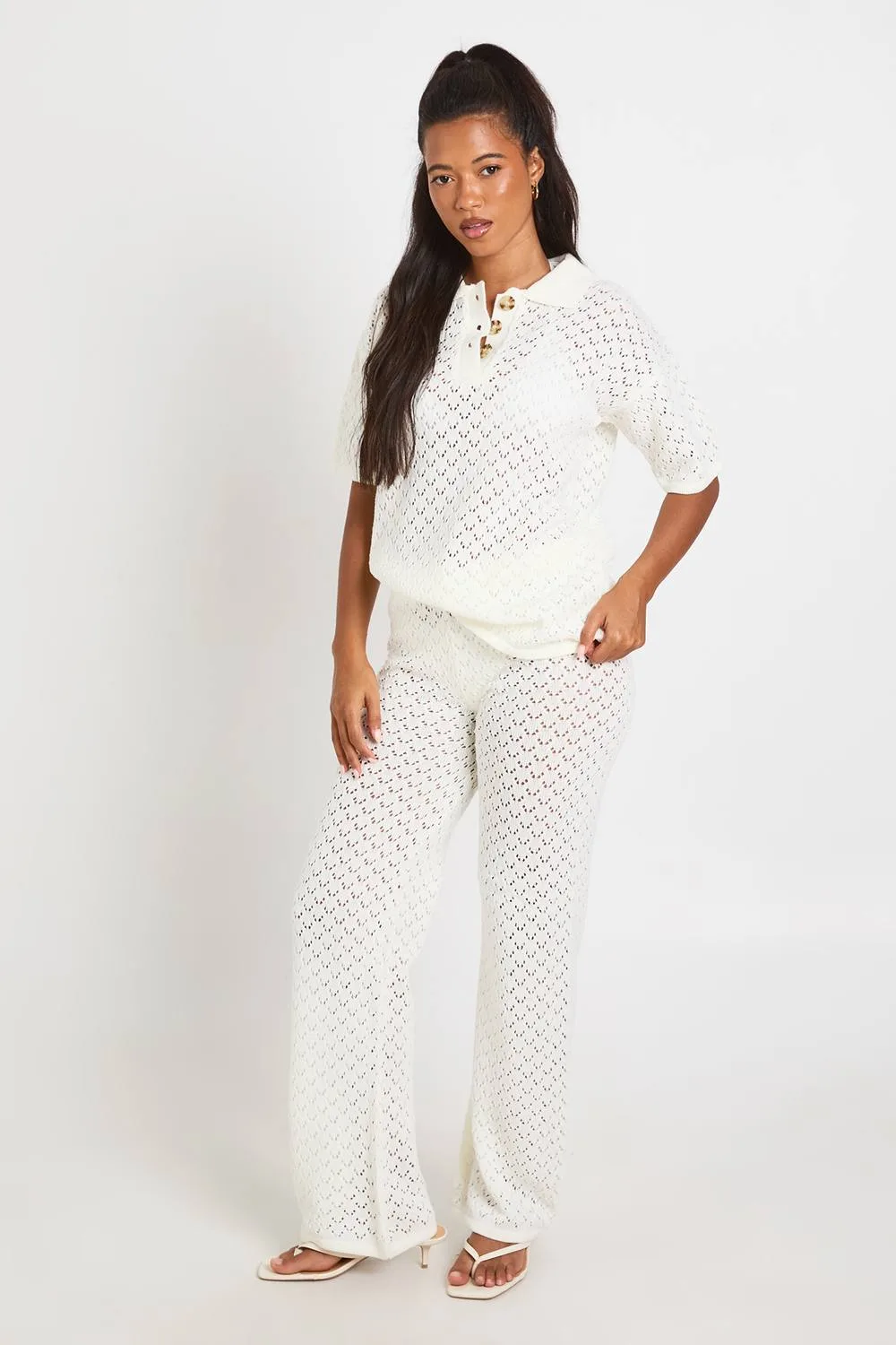 Crochet Long Line Top & Wide Leg Trouser by boohoo