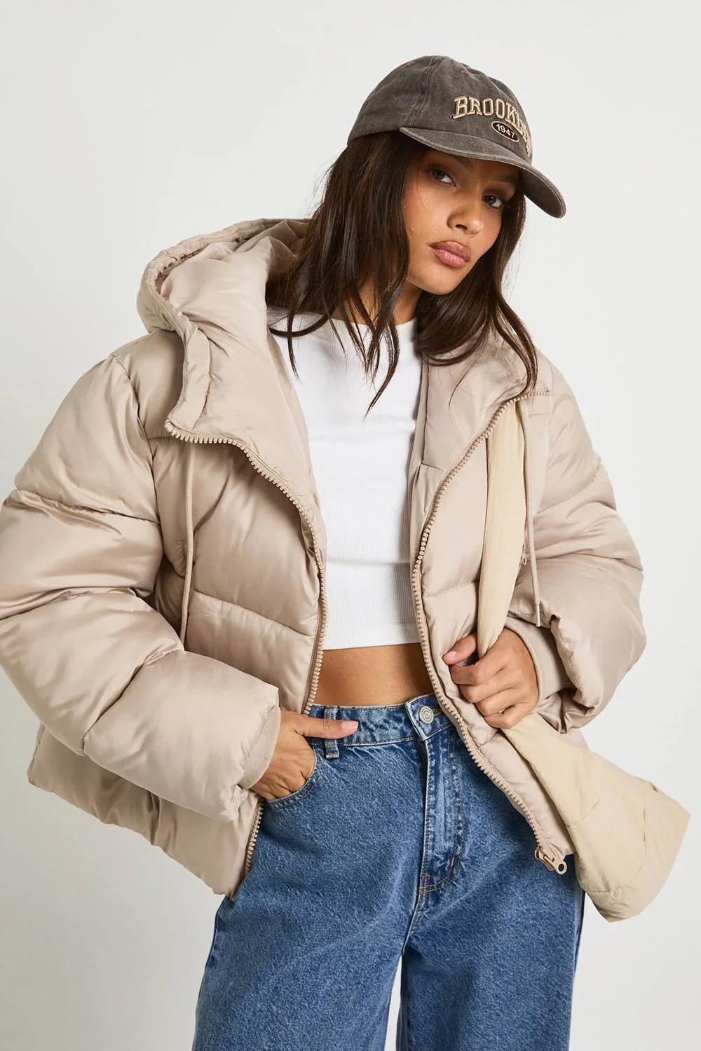 Hooded Padded Puffer Jacket - Stone by boohoo