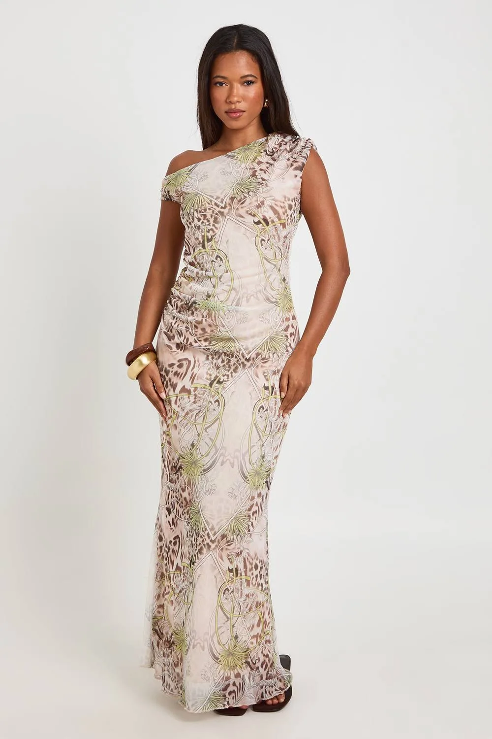 Animal Print Printed Mesh Asym Neck Maxi Dress