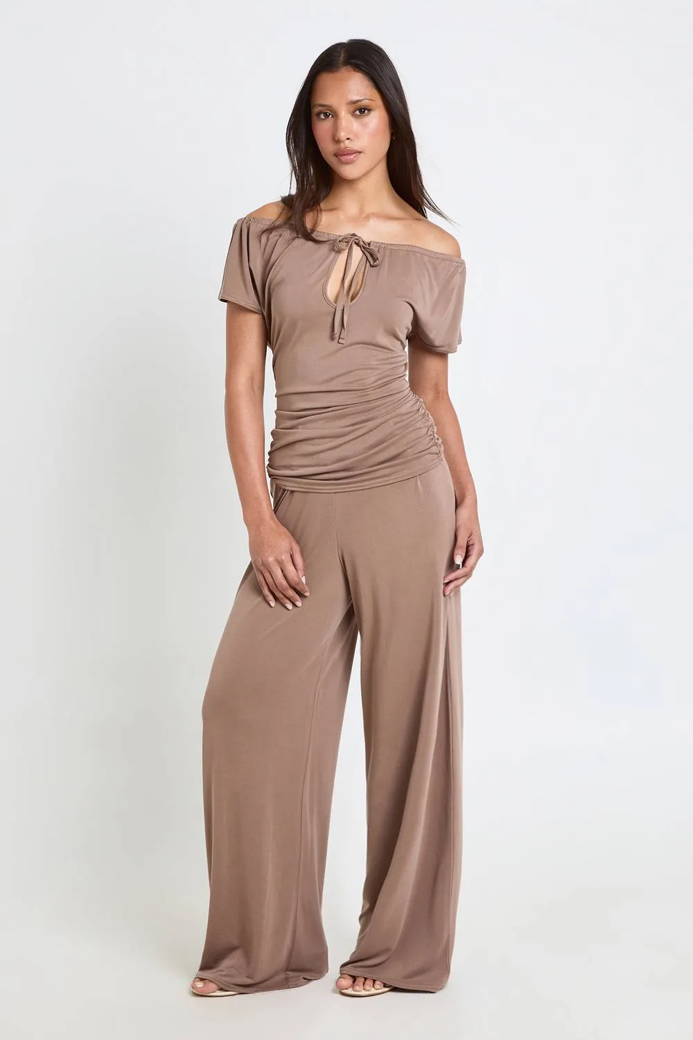 Modal Tie Keyhole Top Wide Leg Trouser Co Ord by boohoo