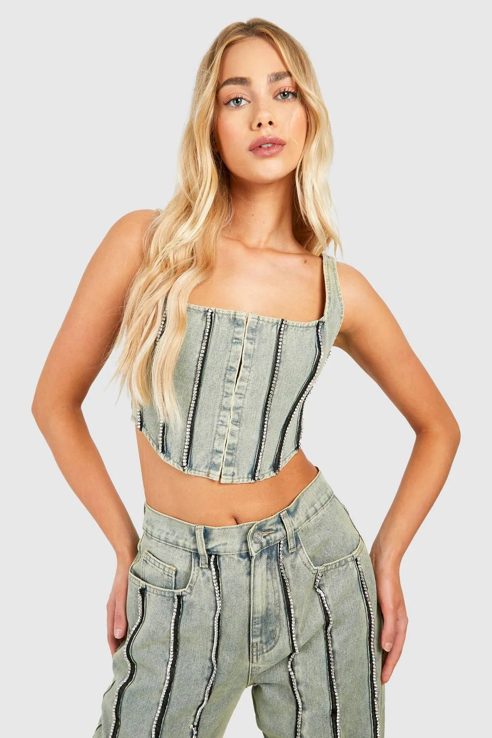 Diamante Detail Dirty Wash Denim Corset Top