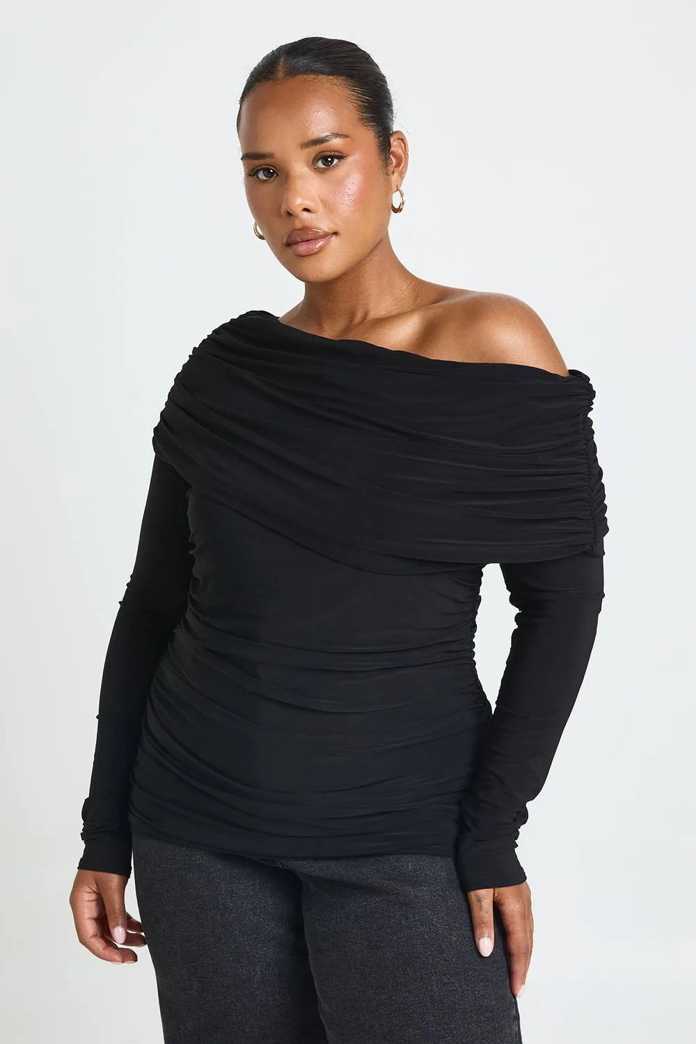 Fold Over Neck Long Sleeve Top