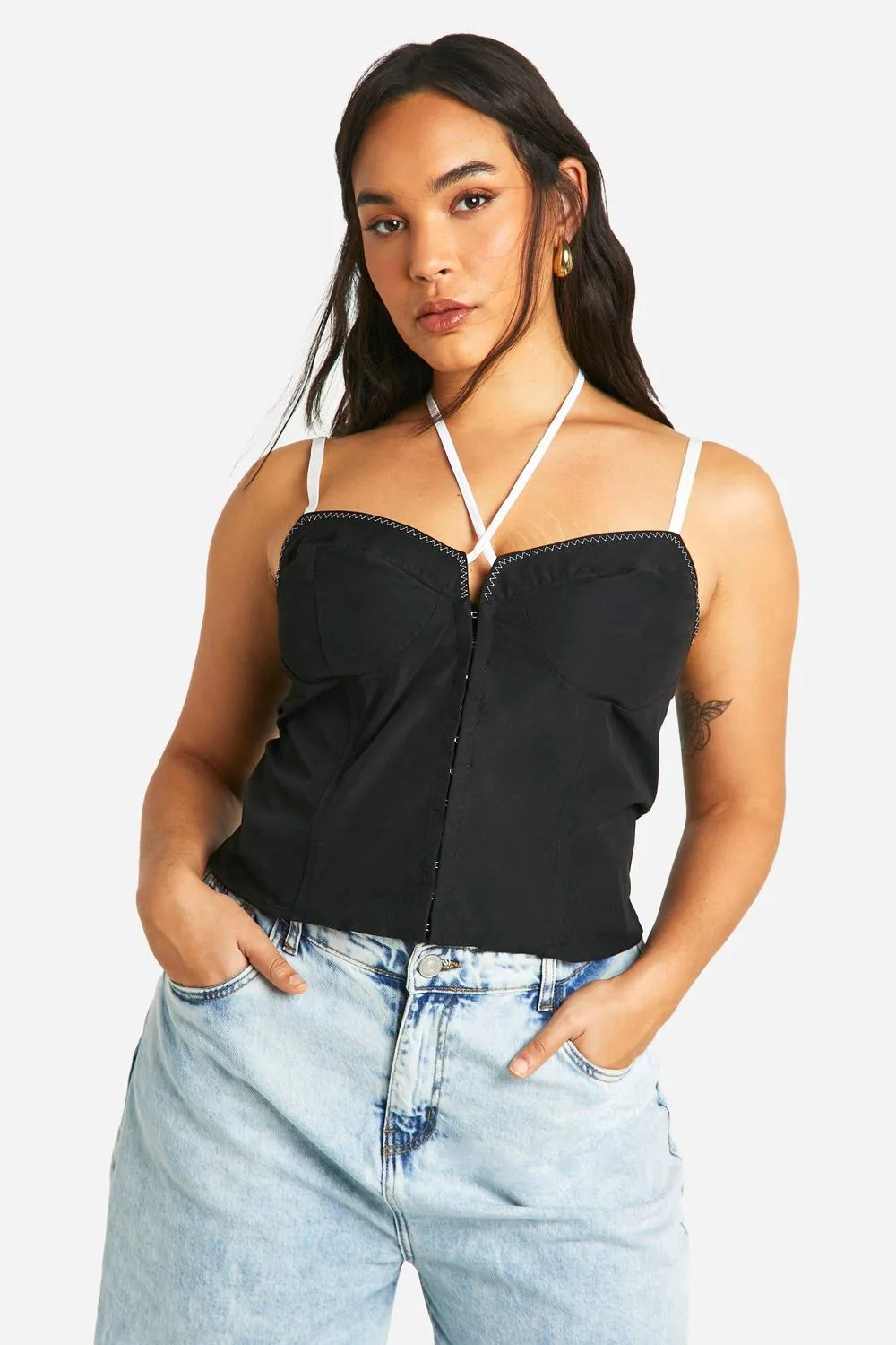 Contrast Stitch Lace Strappy Corset Top by boohoo