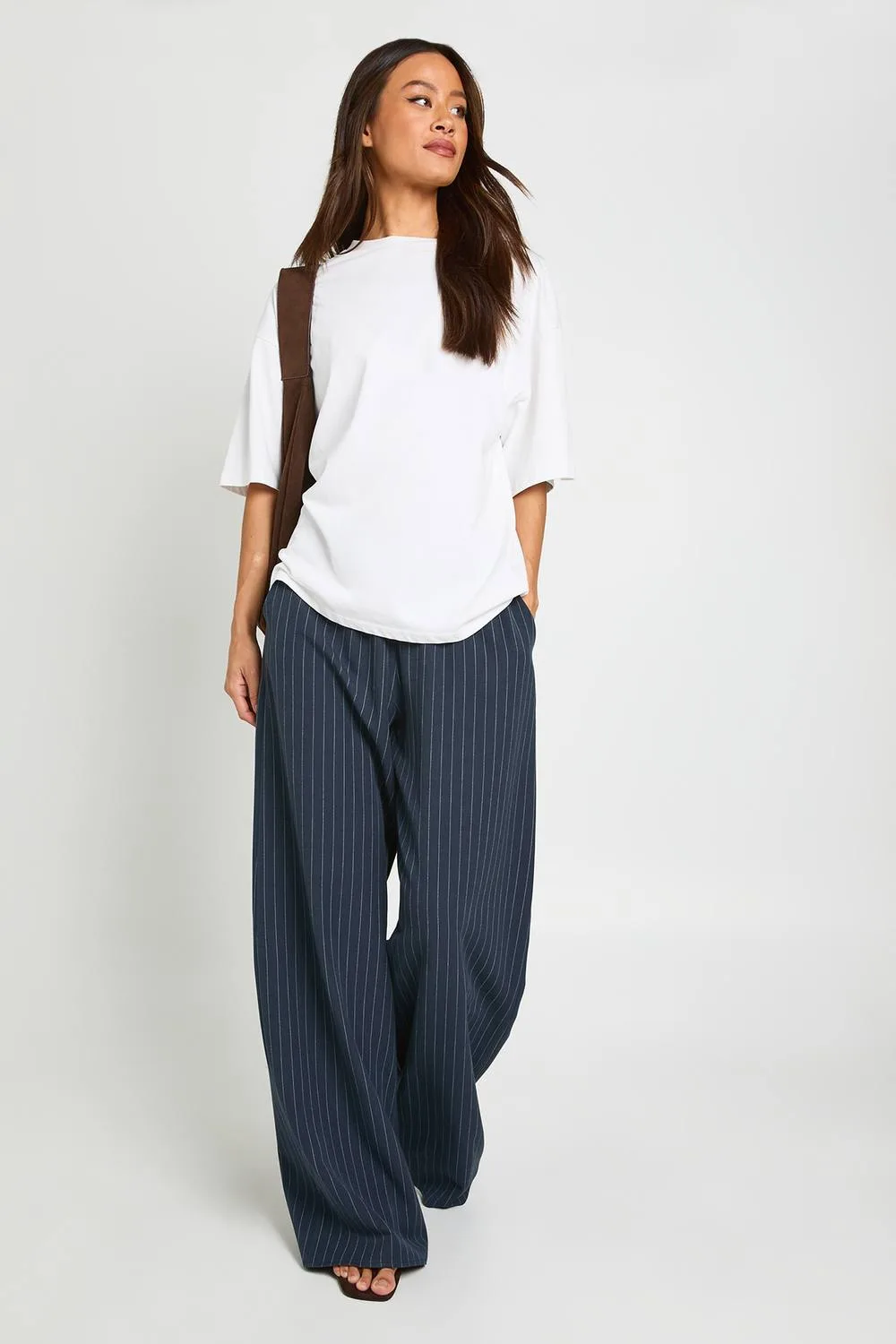 Drawstring Pinstripe Wide Leg Trousers by boohoo