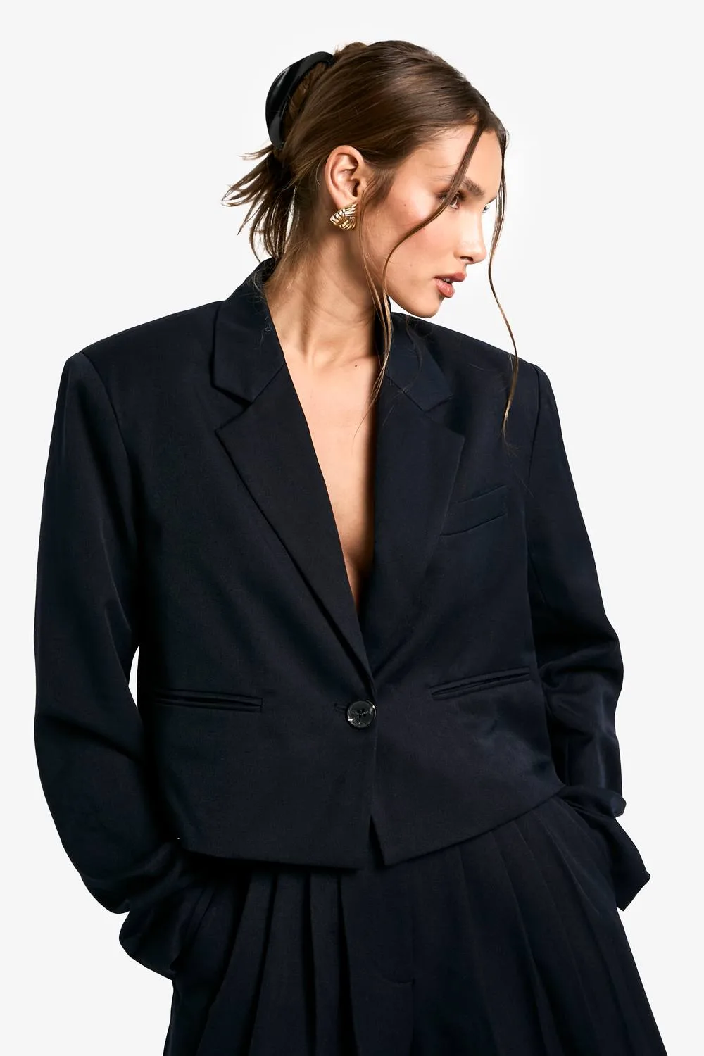 Woven Shoulder Pad Boxy Cropped Blazer by boohoo