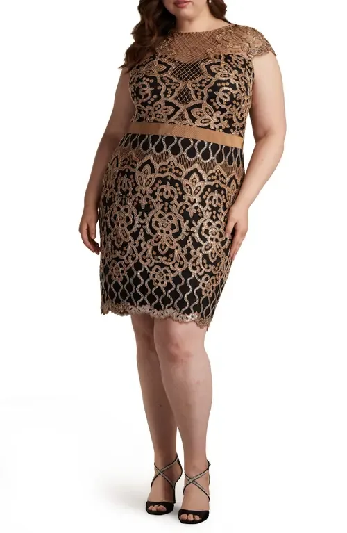 Sequin Cap Sleeve Lace Dress by Tadashi Shoji
