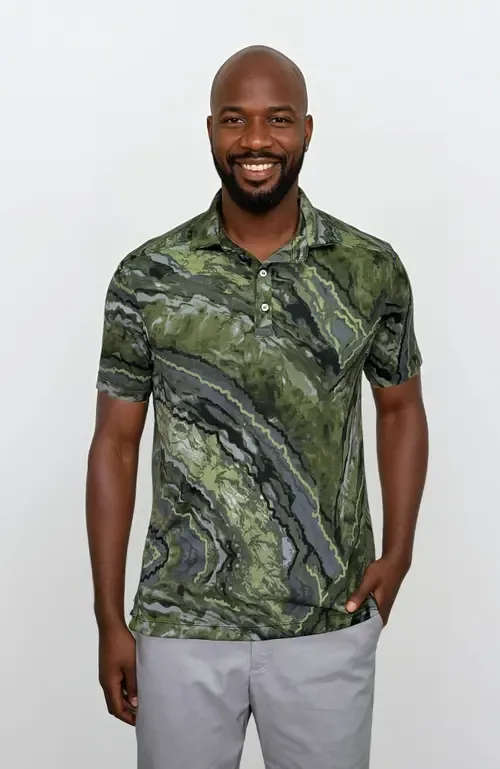 Wrinkle Resistant 3 Button Green Marble Polo Shirt by 24sevenMen