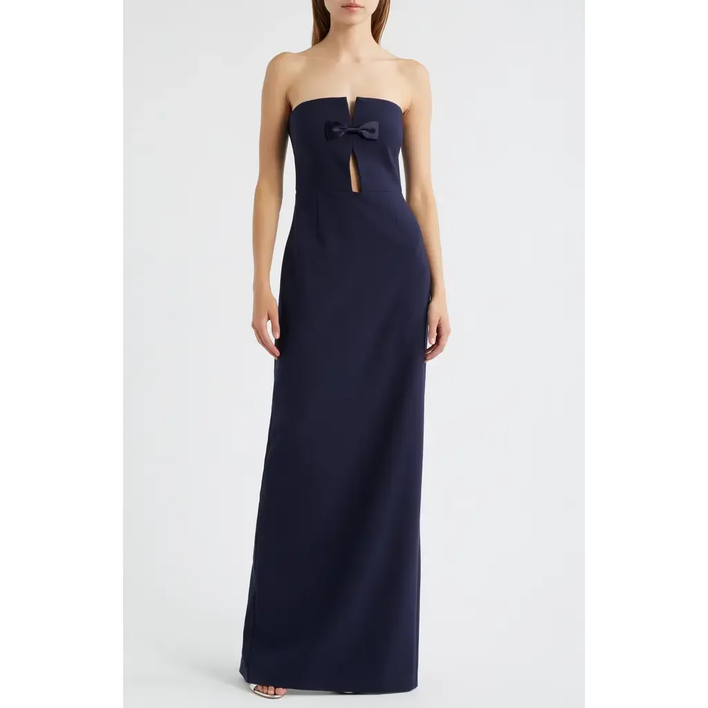 Fallon Satin Bow Cutout Strapless Sheath Gown by LIKELY