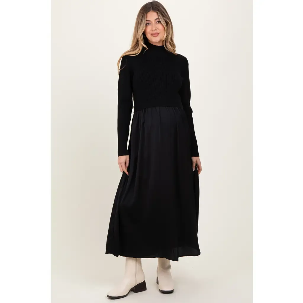 Knit Contrast Top Satin Midi Dress by PinkBlush