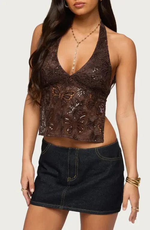 Butterfly Sequin Open Back Halter Top by EDIKTED