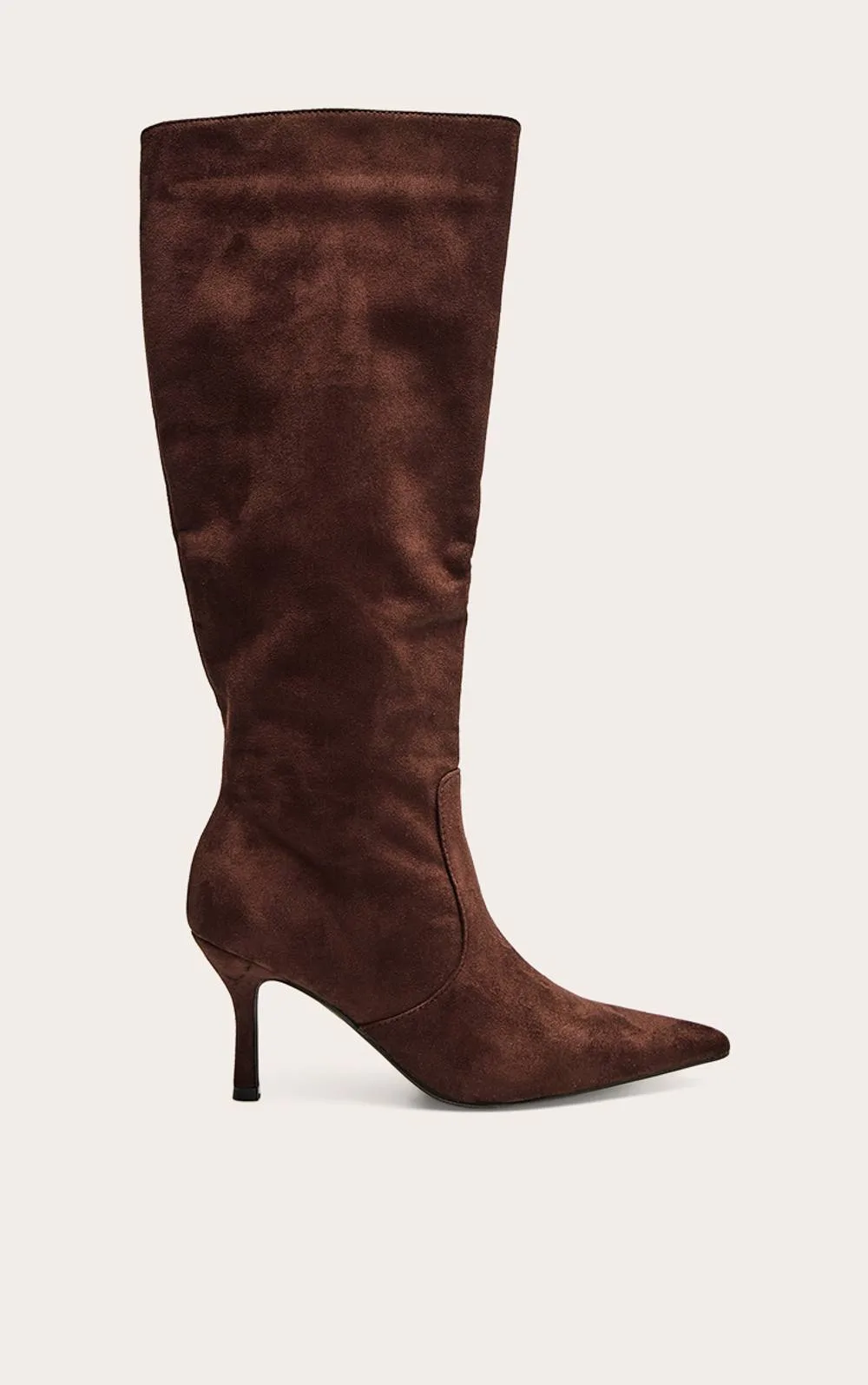 Faux Suede Point Toe Mid Heeled Knee High Boot by PrettyLittleThing