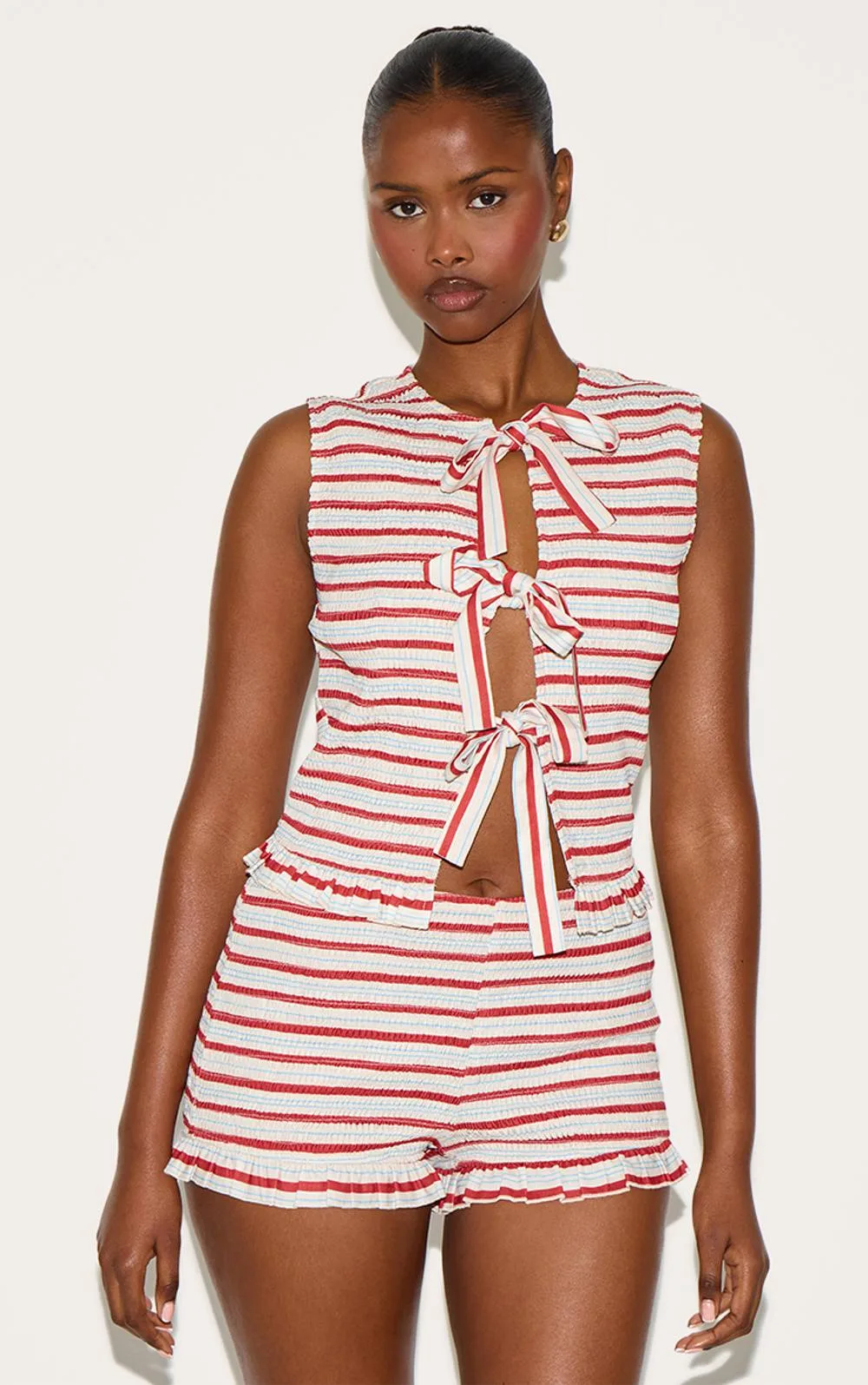 Stripe Tie Front Extreme Shirred Top Co-Ord by PrettyLittleThing
