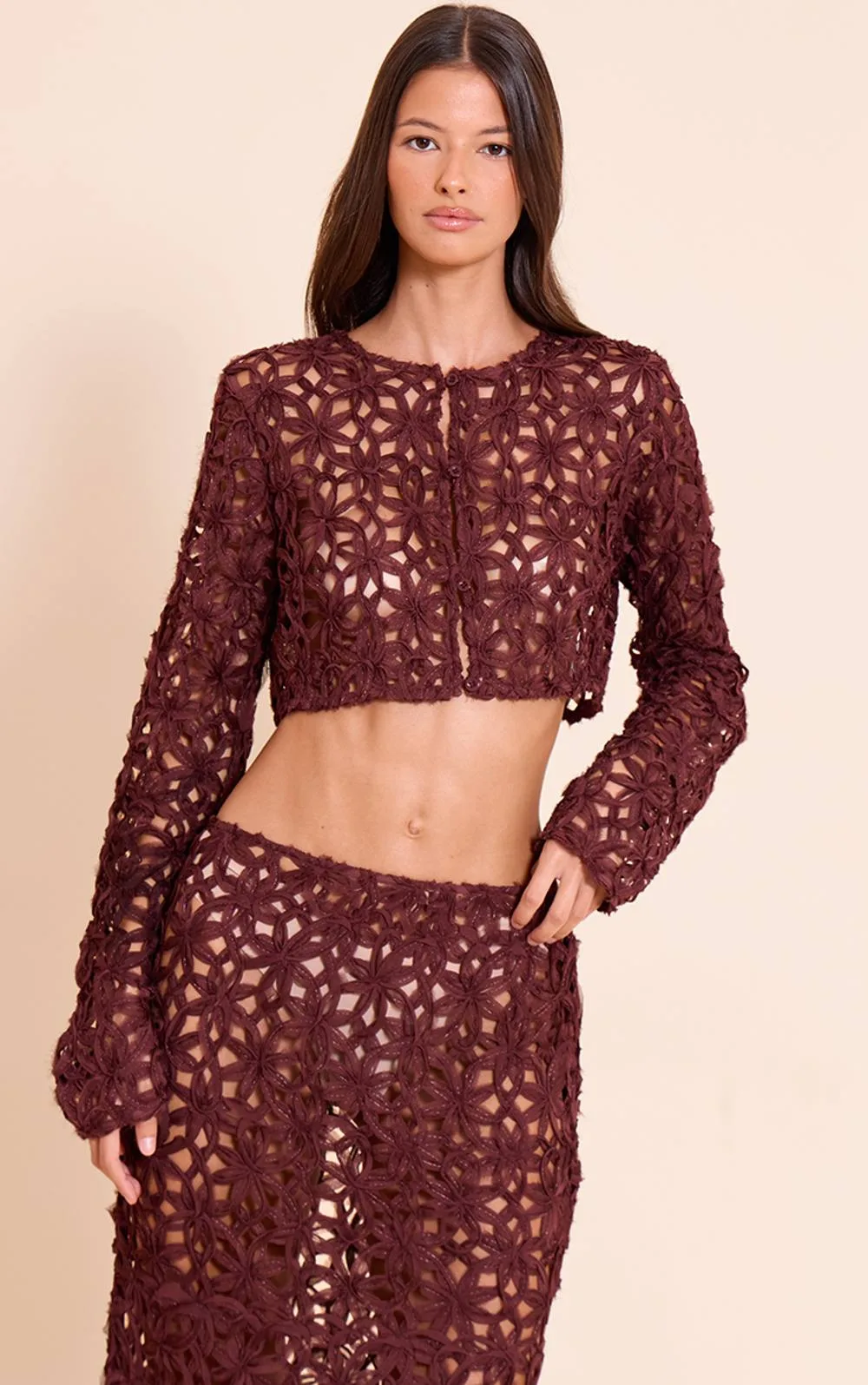 Textured Floral Button Cropped Top Co-Ord