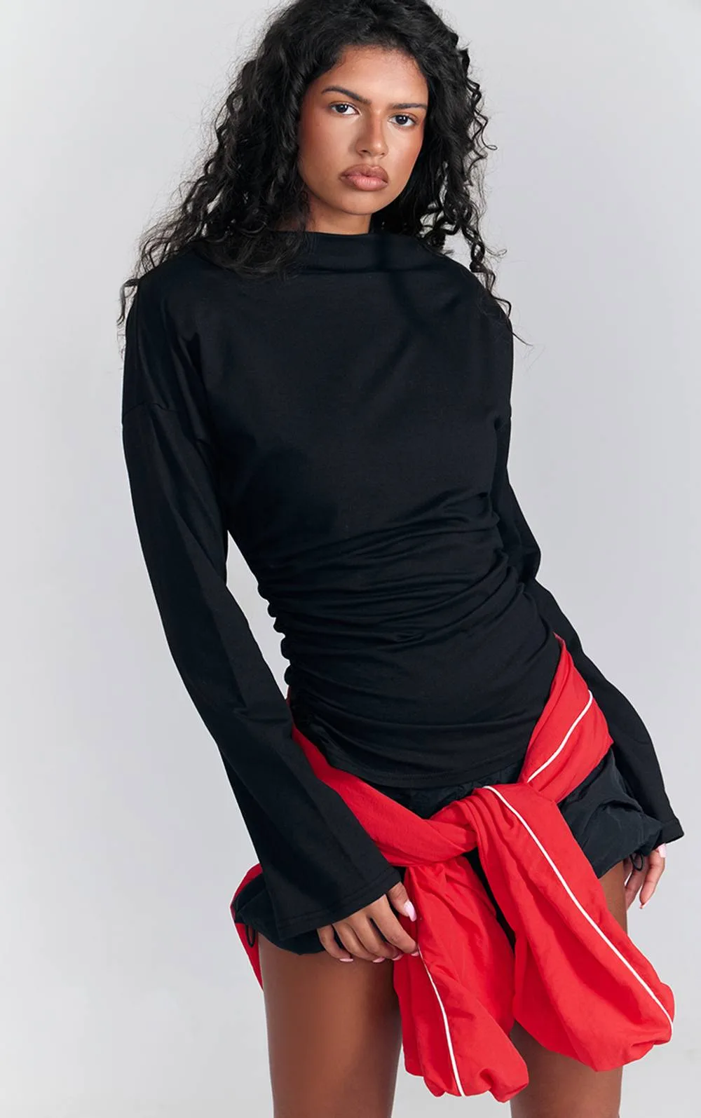 Cotton Shoulder Detail Ruched Long Sleeve T-Shirt