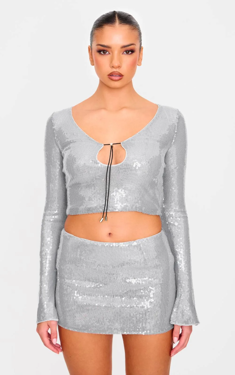 Sequin Long Sleeve Tie Front Top Co-Ord by PrettyLittleThing