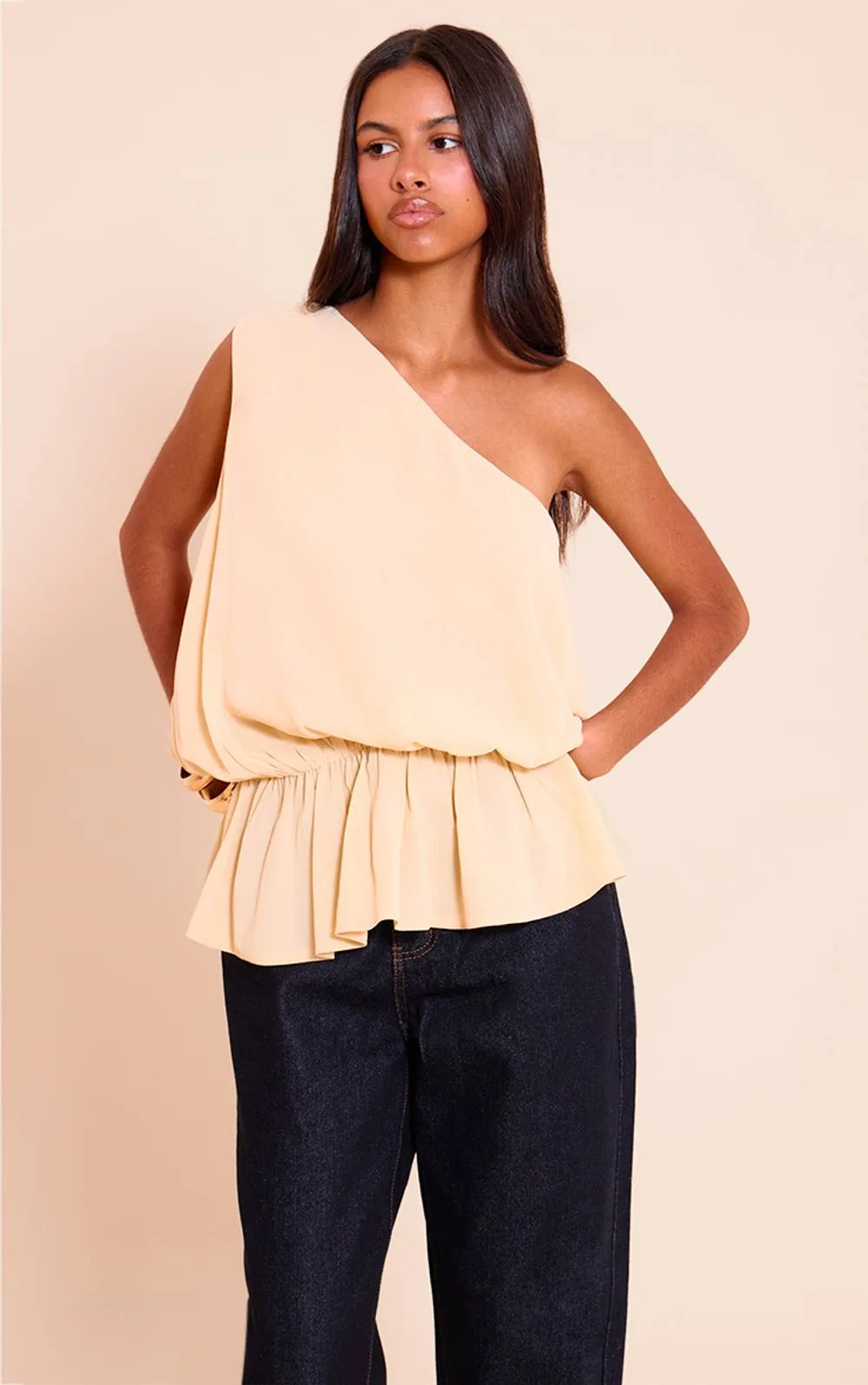 Sheer One Shoulder Flowy Ruched Long Top by PrettyLittleThing