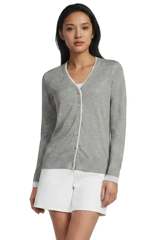 Double Trim Cotton V Neck Cardigan Sweater by Lands' End