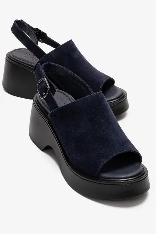 Power Leather Platform Wedge Sandal in Navy Suede by Forever & Always Shoes