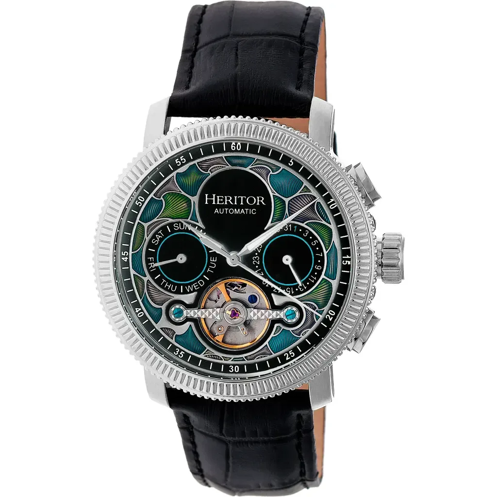 Aura Semi-Skeleton Leather-Band Watch by Heritor Automatic