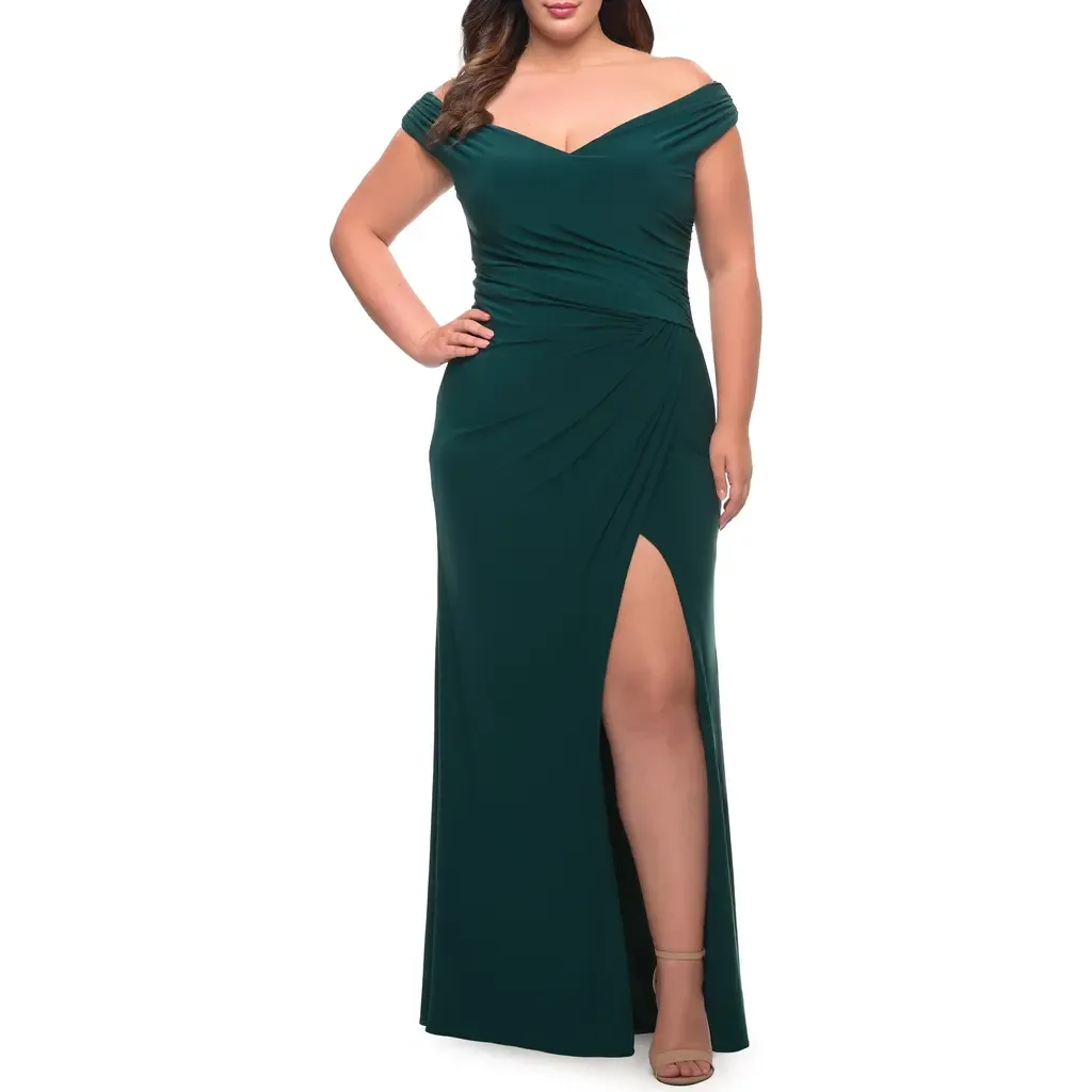 Matte Jersey Long Dress with Ruching and Slit by La Femme