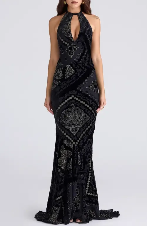 Oliviana Cutout Foil Devoré Halter Gown by HOUSE OF CB