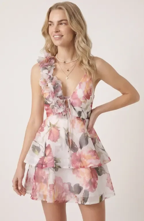 Floral Ruffle Layer Tie Waist Mini Dress by Modenaire