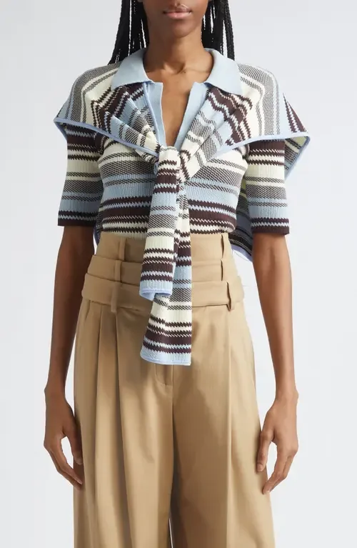 Stripe Jacquard Polo Sweater with Shoulder Wrap by MONSE
