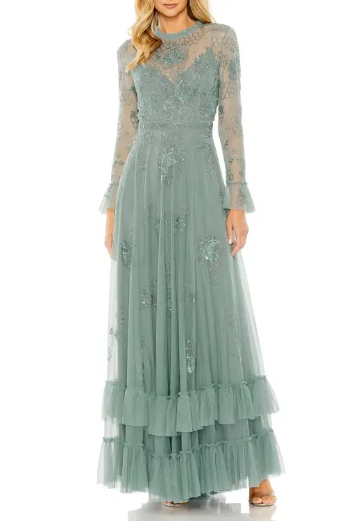 Beaded Embroidered Tulle Long Sleeve Gown