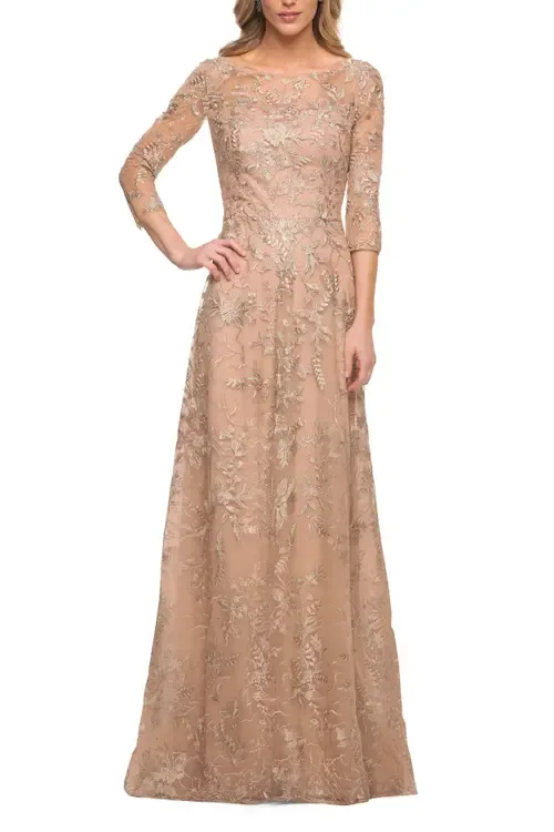 Mother of the Bride Lace Dress with Three-Quarter Sleeves by La Femme