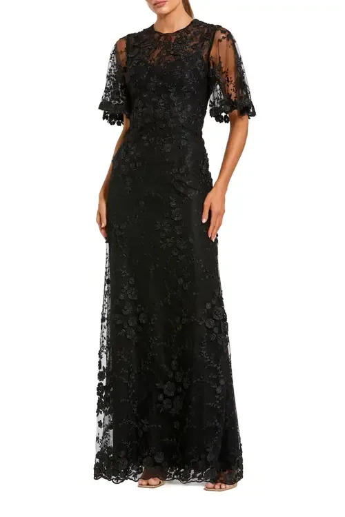 Flutter Sleeve Floral Embroidered Net Gown by Mac Duggal