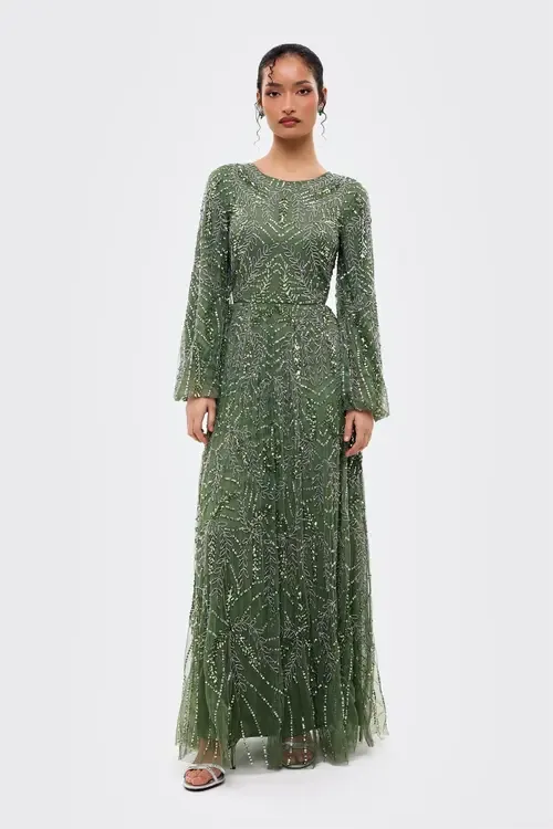 Modest Embellished Sequins a Line Maxi Gown by MARYISA