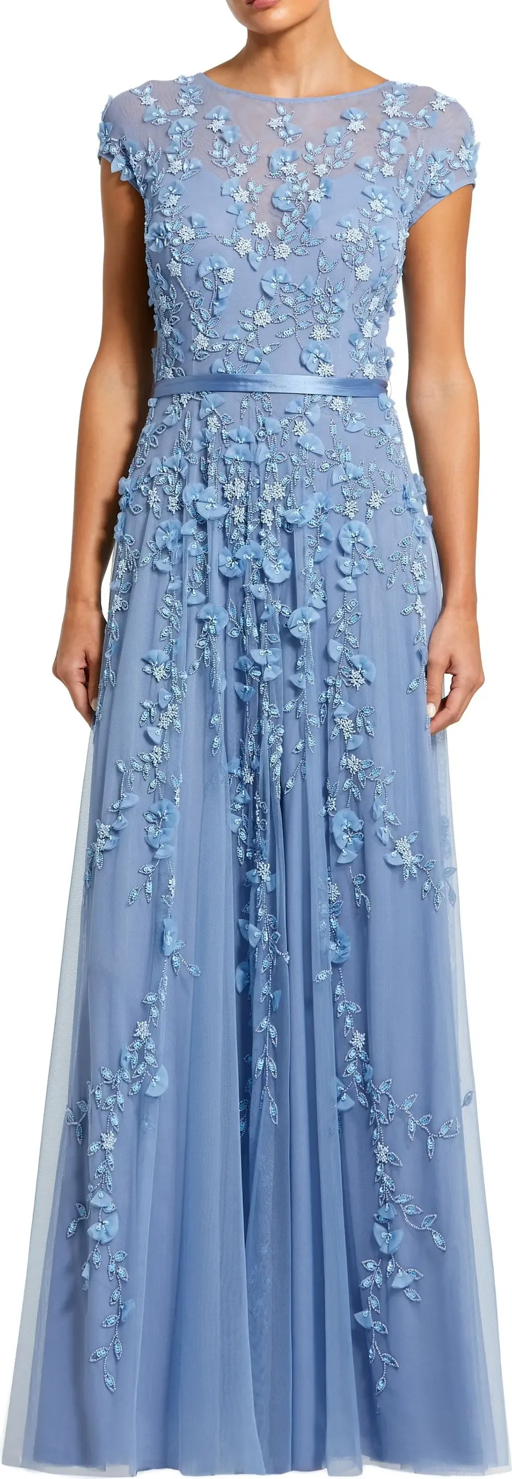 Floral Embellished Short Sleeve Mesh Gown