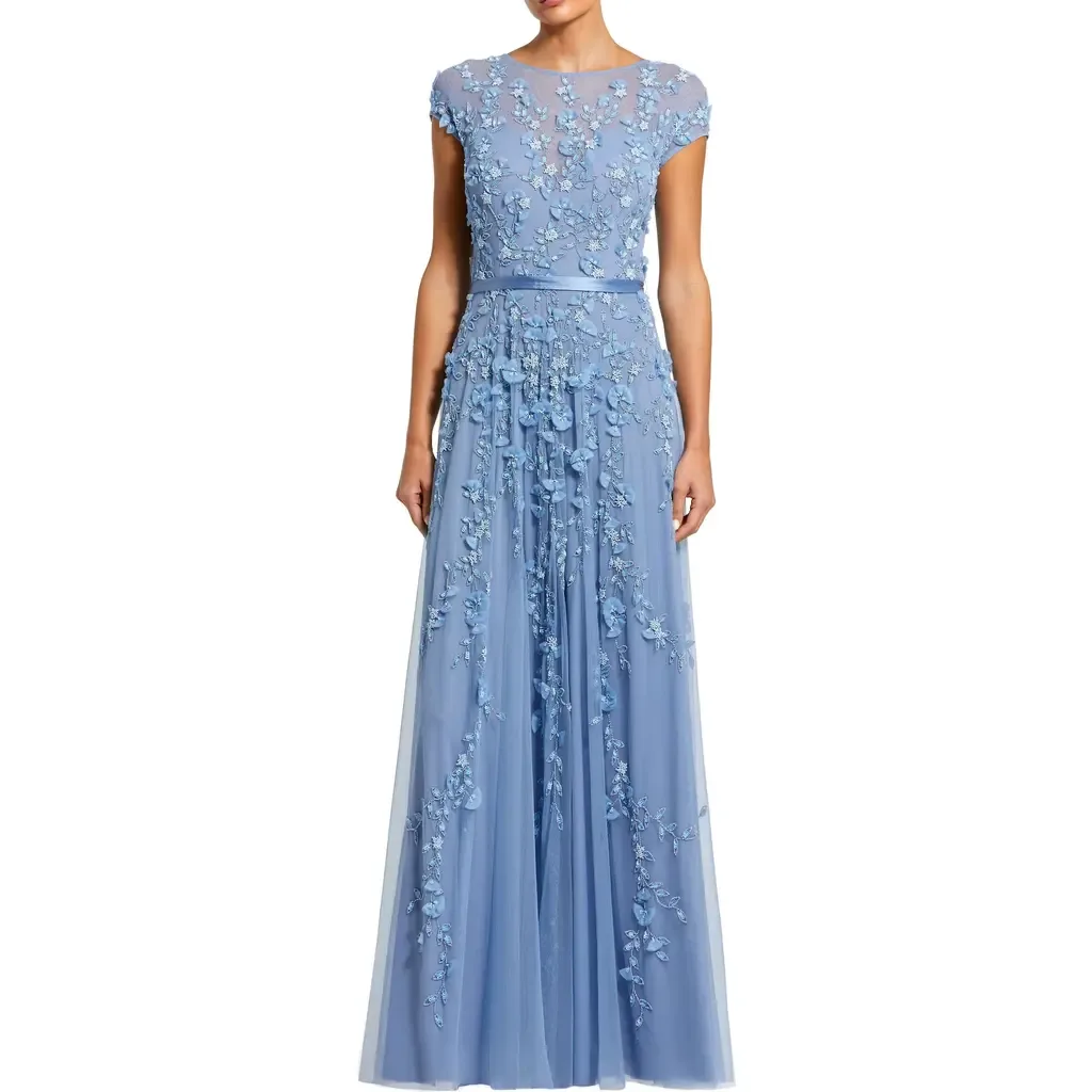 Floral Embellished Short Sleeve Mesh Gown