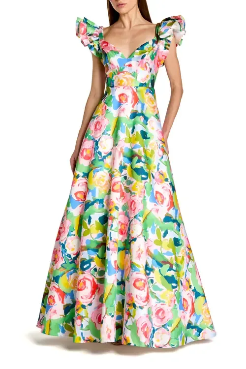 Printed Mikado Ruffle Sleeve V Neck Ballgown by Mac Duggal