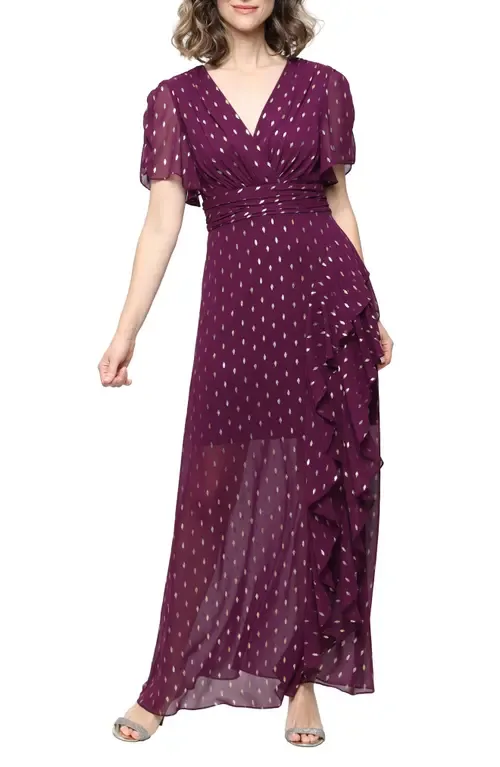 Short Sleeve Foil Dot Chiffon Gown by SL FASHIONS