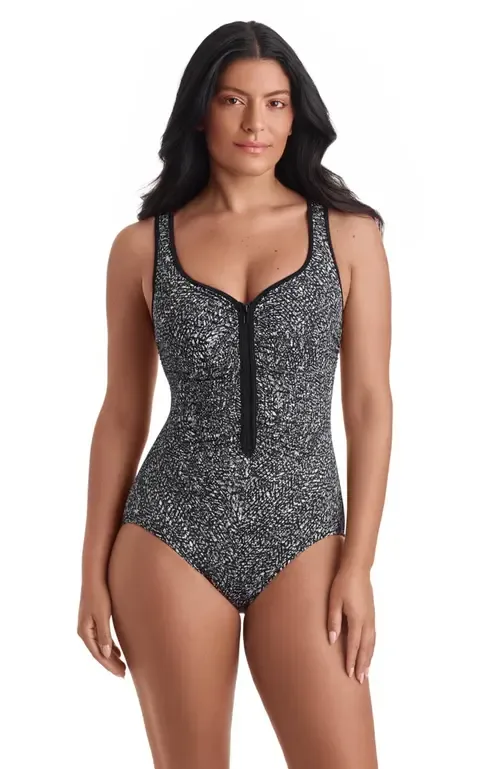 Shirred Zipper Tank Chlorine Resistant One-Piece Swimsuit by ShapeSolver Sport