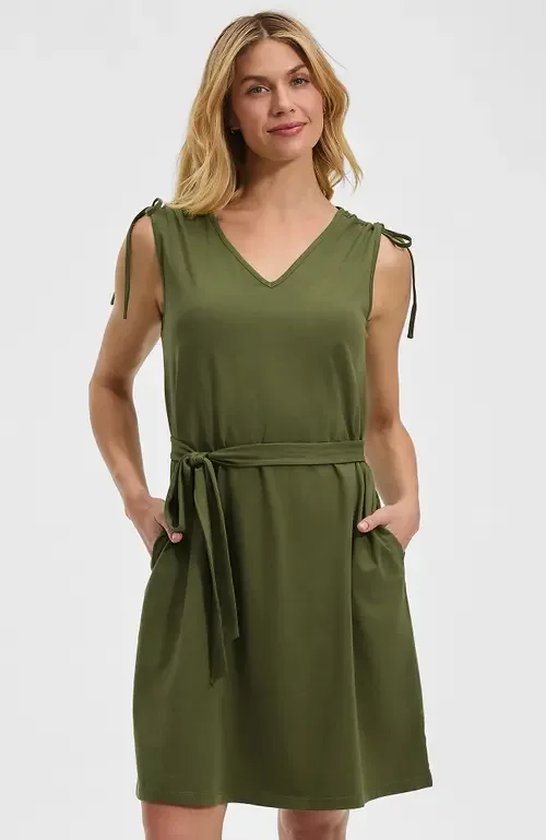Cotton Jersey Shoulder Tie Belted Mini Dress by Lands' End