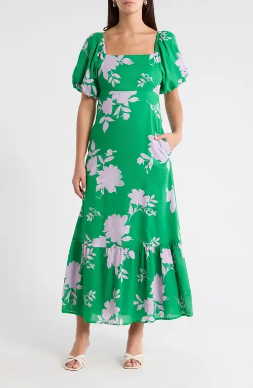 Zama Floral Xena Puff Sleeve Midi Dress