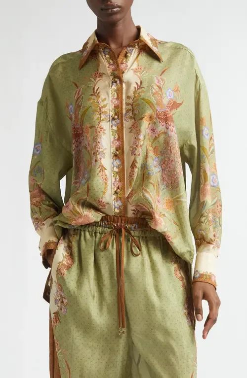 Indra Placed Print Relaxed Fit Silk Button-Up Shirt by Zimmermann