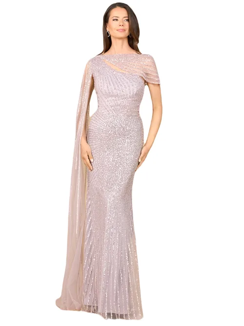 One Shoulder Fitted Gown with Cape Sleeve by LARA New York
