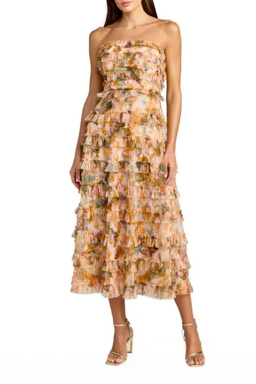 Strapless Floral Micro Ruffle Dress by Mac Duggal