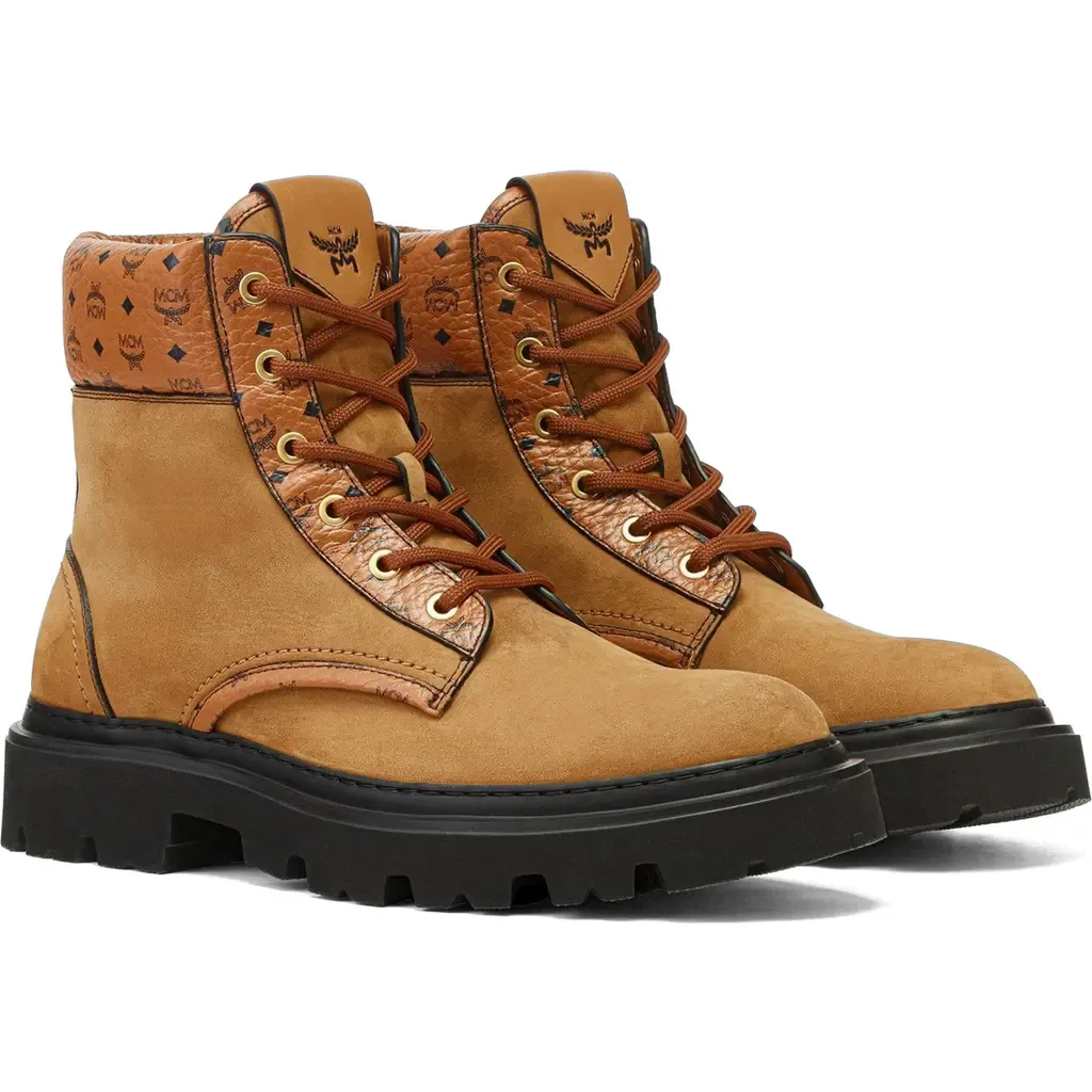 Ankle Boots in Nubuck and Monogram Print Leather by MCM