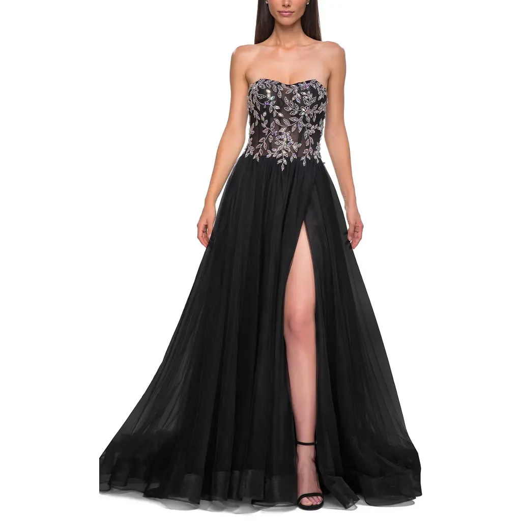 A-Line Tulle Prom Dress with Stunning Floral Beaded Design by La Femme