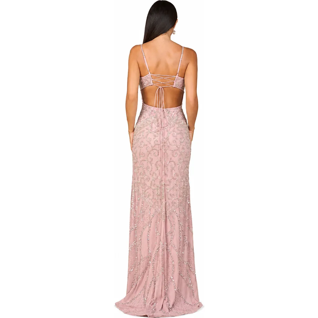 Embellished Gown with Slit and Low Back - Cashmere