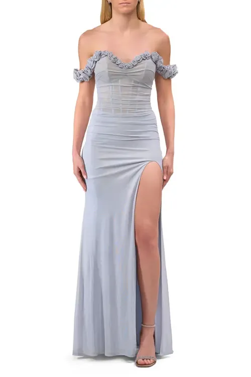 Prom Dress with Rosette Off the Shoulder Straps and Neckline by La Femme