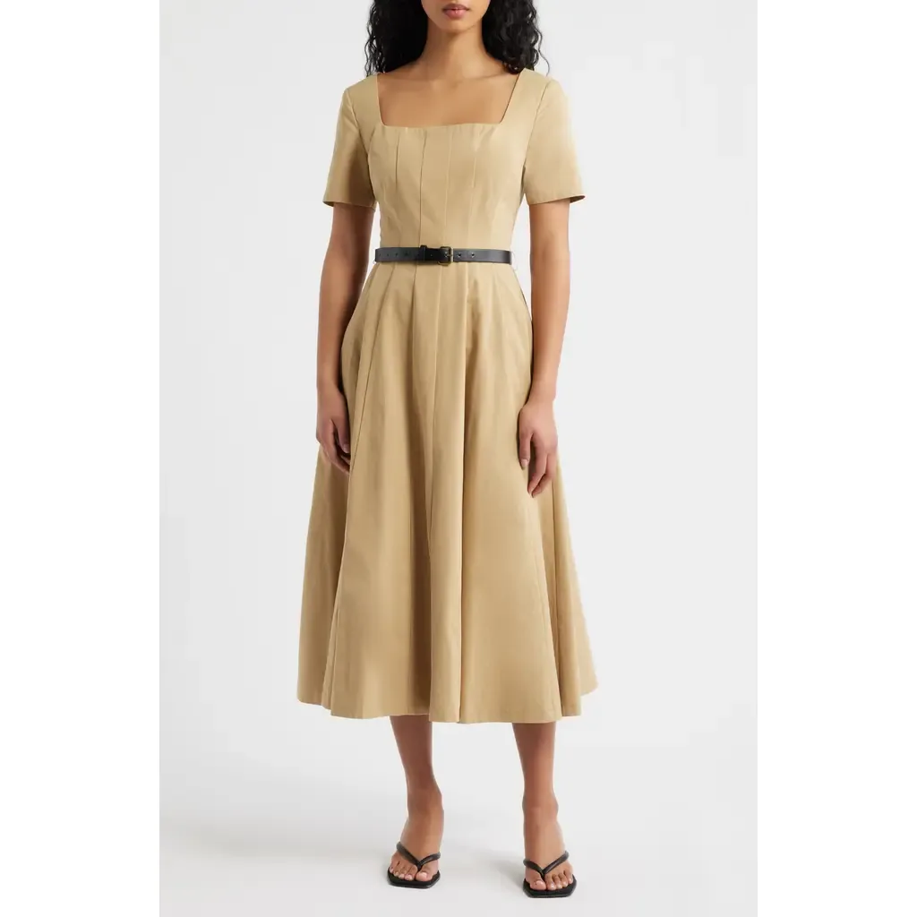 Belted Pleated Cotton Midi Dress