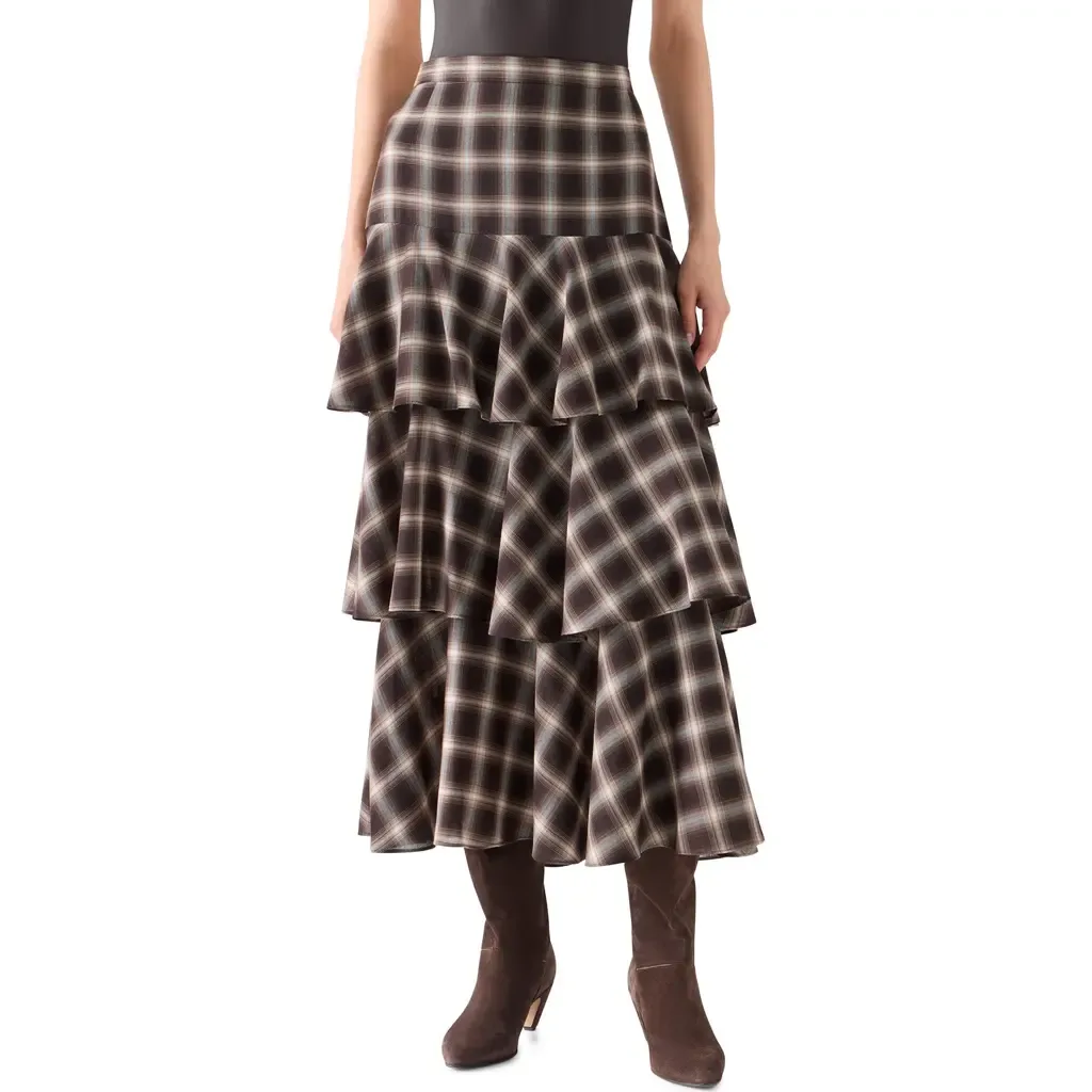 Plaid Ruffle Tier Midi Skirt by Akris punto