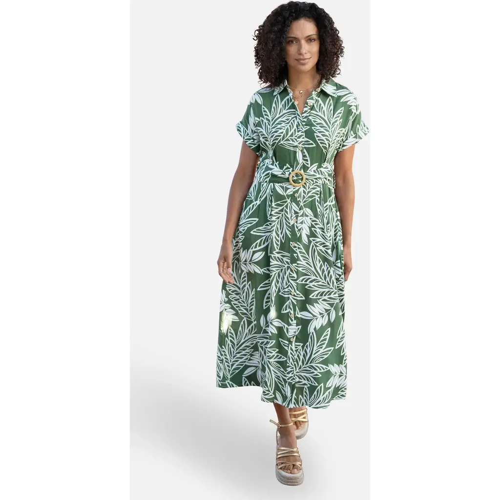 Leaf Print Midi Shirt Dress by Yumi