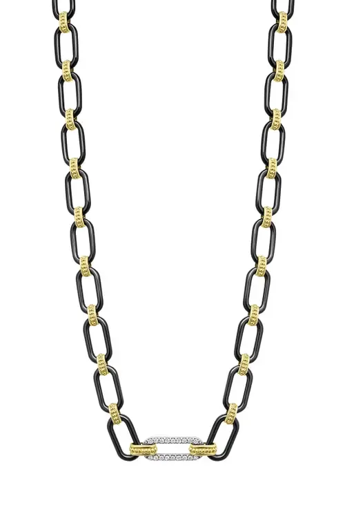 Signature Caviar Black Ceramic Link & Diamond Necklace