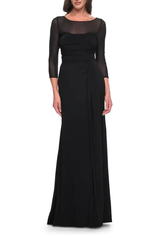 Chic Black Evening Dress with Illusion Neckline and Sleeves by La Femme